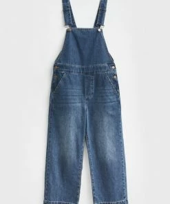 White Stuff Wide Leg Cropped Dungaree - Mid Denim