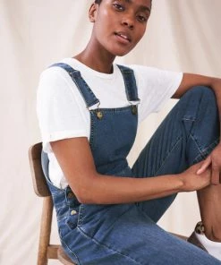 White Stuff Wide Leg Cropped Dungaree - Mid Denim
