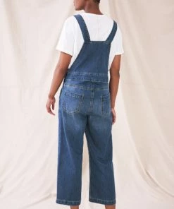 White Stuff Wide Leg Cropped Dungaree - Mid Denim